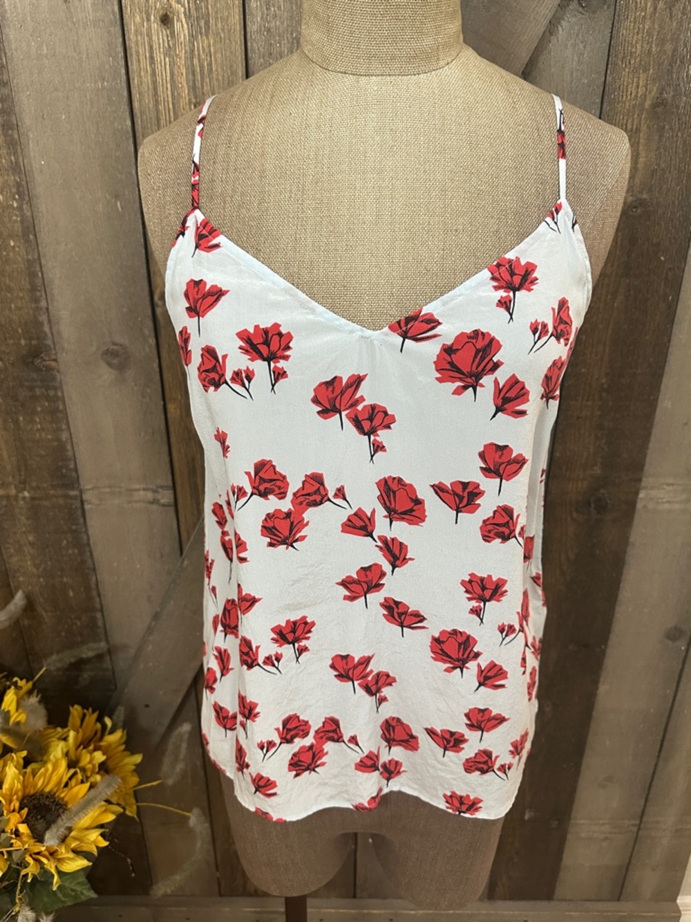 Equipment Femme Silk Blue Red Floral V-Neck Cami Slip Top Summer Size Small